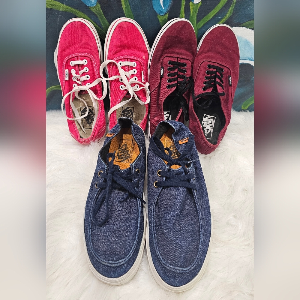 Vans Shoe Bundle Denim Sz 6.5, Maroon Off The Wall Sz 7, Red Off The Wall Sz 6
